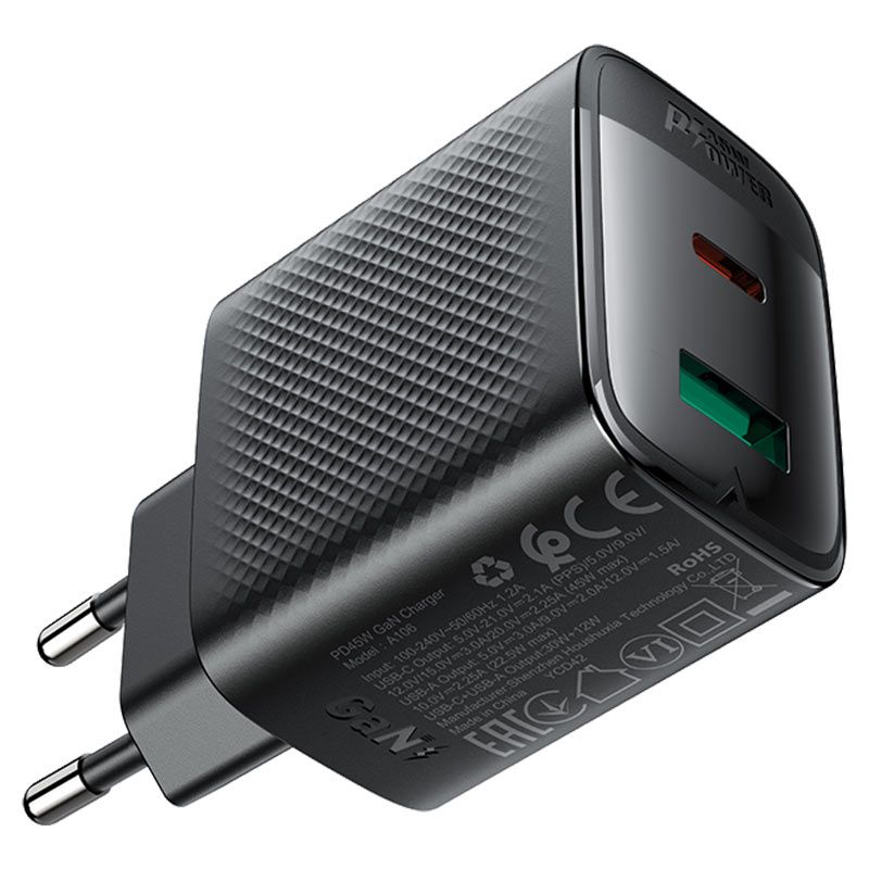 Мережевий зарядний пристрій ACEFAST A106 PD45W GaN (USB-C+USB-A) charger (EU) Black
