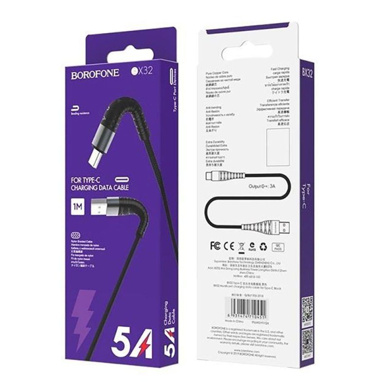Кабель BOROFONE BX32 USB to Type-C 2.4A, 1m, nylon, aluminum+TPE connectors, Black