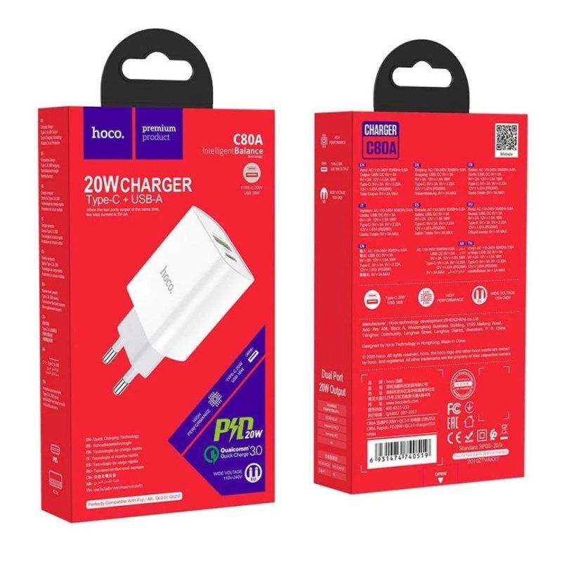 Мережевий зарядний пристрій HOCO C80A Rapido PD20W+QC3.0 charger(EU) White