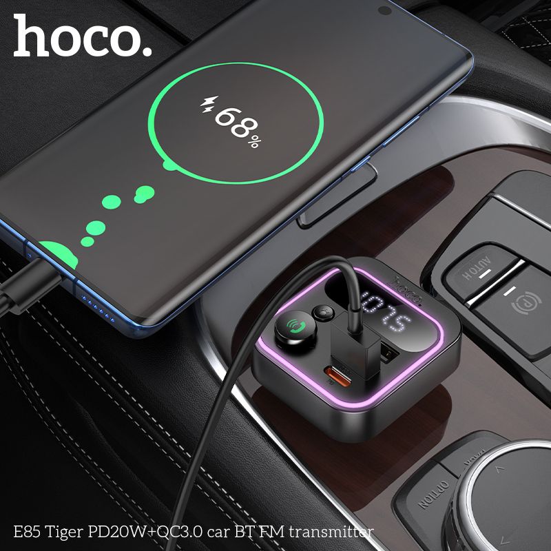 АЗП з FM-модулятором HOCO E85 Tiger PD20W+QC3.0 car BT FM transmitter Black