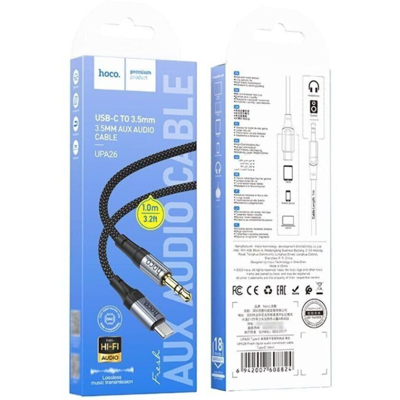 Аудiокабель HOCO UPA26 Type-C to 3.5mm male, nylon braid, 1m, Black
