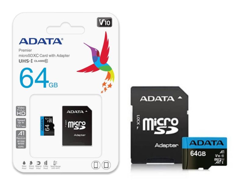Карта пам'яті microSDXC (UHS-1) A-DATA Premier 64Gb Class 10 A1 (R-100Mb/s)  (adapter SD)