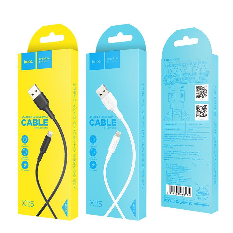 Кабель HOCO X25 USB to iP 2A, 1m, PVC, PVC connectors, Black