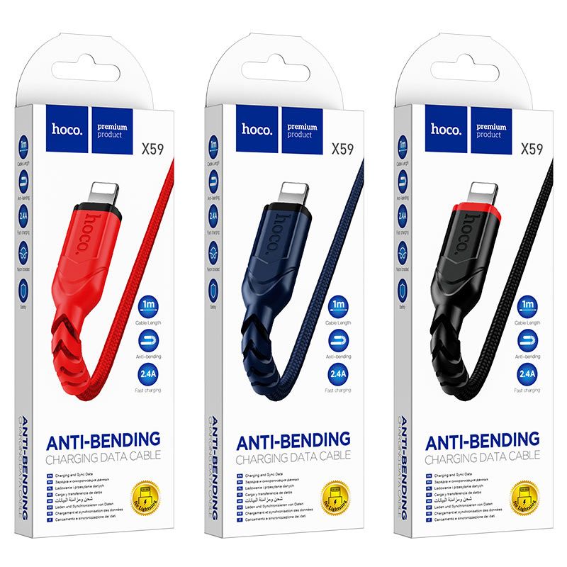 Кабель HOCO X59 USB to iP 2.4A, 1m, nylon, TPE connectors, Black
