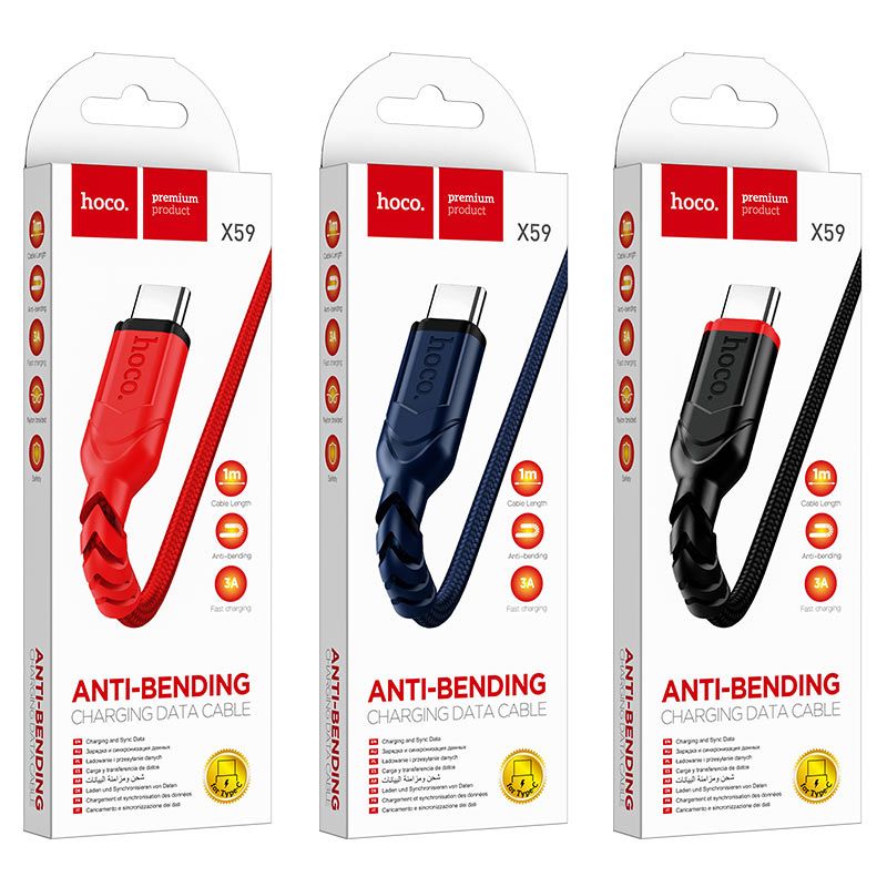 Кабель HOCO X59 USB to Type-C 3A, 1m, nylon, TPE connectors, Blue