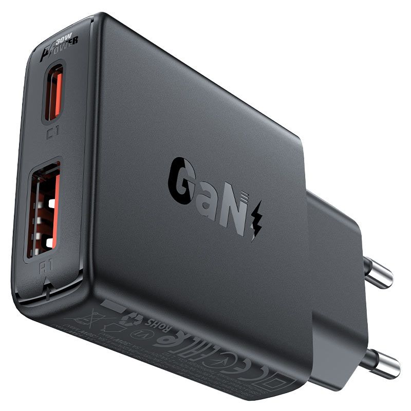 Мережевий зарядний пристрій ACEFAST A69 PD30W GaN (USB-A+USB-C) ultra-thin charger Black