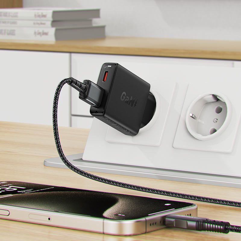 Мережевий зарядний пристрій ACEFAST A69 PD30W GaN (USB-A+USB-C) ultra-thin charger Black