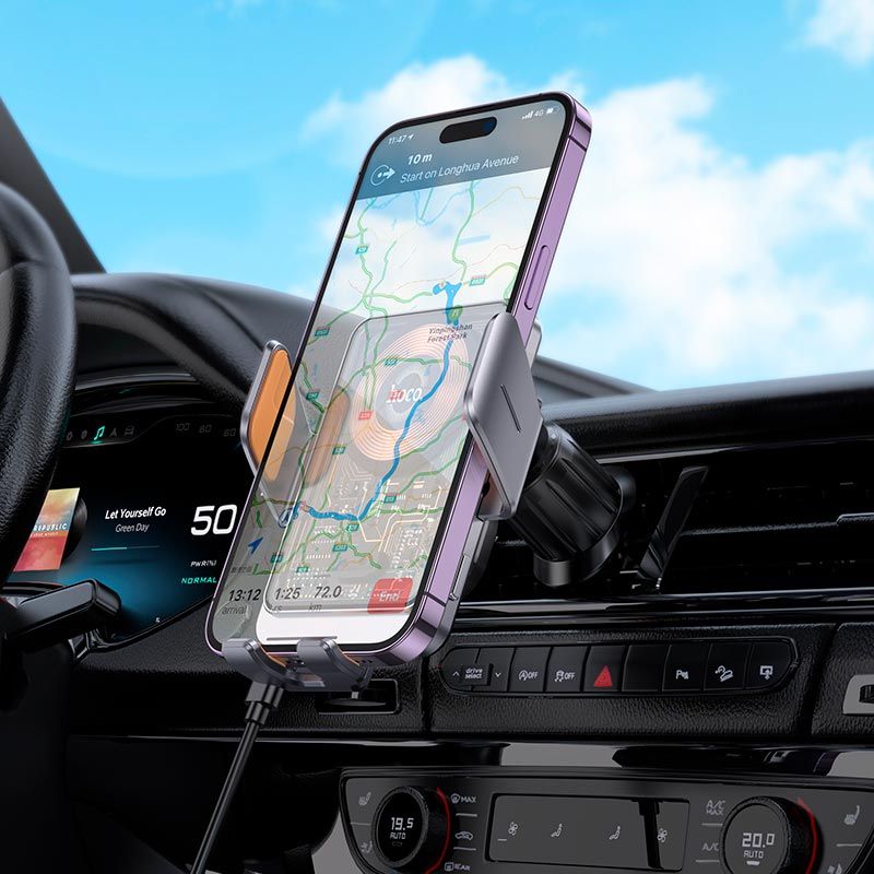 Автотримач для телефона з БЗП HOCO HW7 Transparent Discovery Edition wireless fast charging car holder(air outlet) Metal Gray