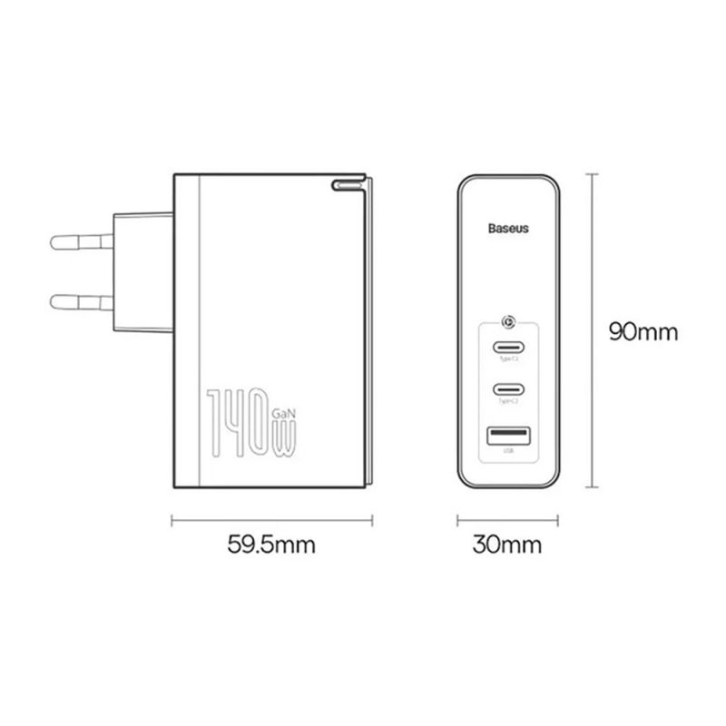 Мережевий зарядний пристрій з кабелем Baseus GaN5 Pro Fast Charger 2C+U 140W EU White (Superior Series Charging Data Cable Type-C 240W