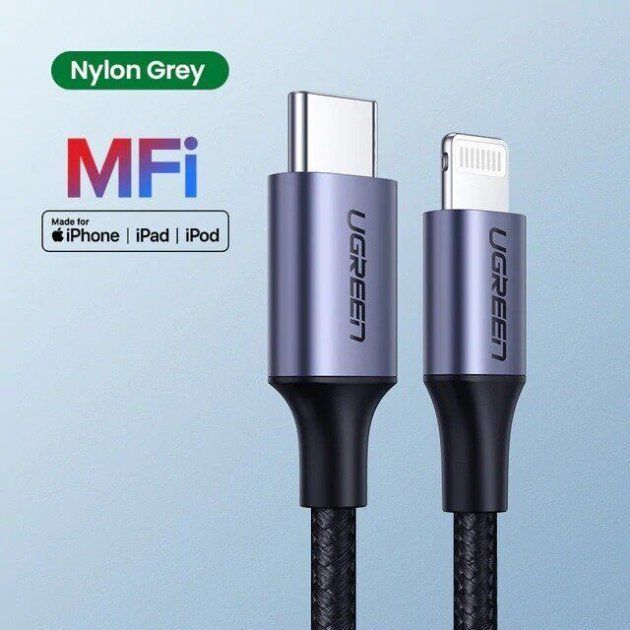 Кабель UGREEN US304 USB-C to Lightning M/M Cable Aluminum Shell Braided 1m (Black) (UGR-60759)