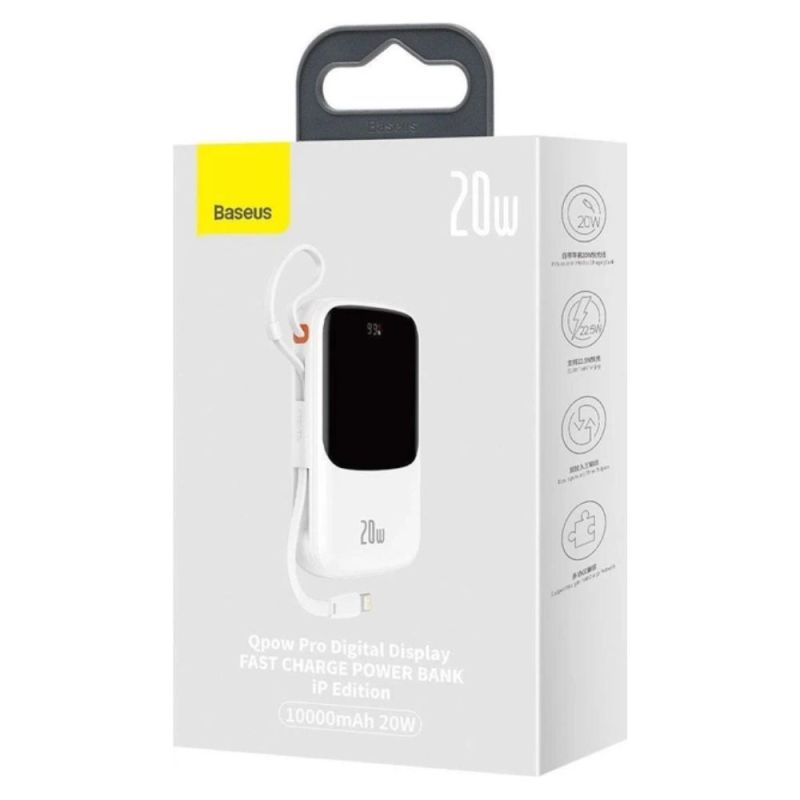 Зовнішній акумулятор Baseus Qpow Pro Digital Display Fast Charge Power Bank 10000mAh 20W iP Edition White（With: Simple charging cable Type-C 3A 0.3m W