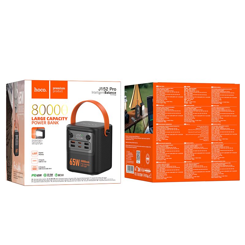 Зовнішній акумулятор HOCO J152 Pro Tough PD65W+light power bank (80000mAh) Black