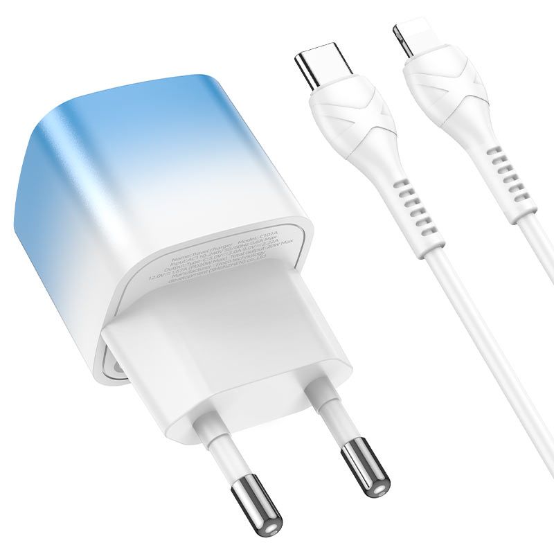 Мережевий зарядний пристрій з кабелем HOCO C101A single port PD20W charger set(C to iP) Ice Blue