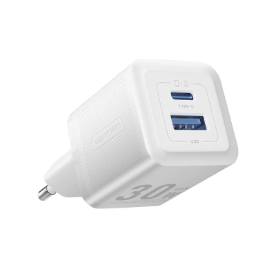 Мережевий зарядний пристрій Vention 2-Port USB (C + A) GaN Charger (30W/30W) EU-Plug White