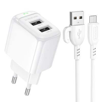 Мережевий зарядний пристрій з кабелем BOROFONE BAS41A Potential dual-port charger set(Micro) White