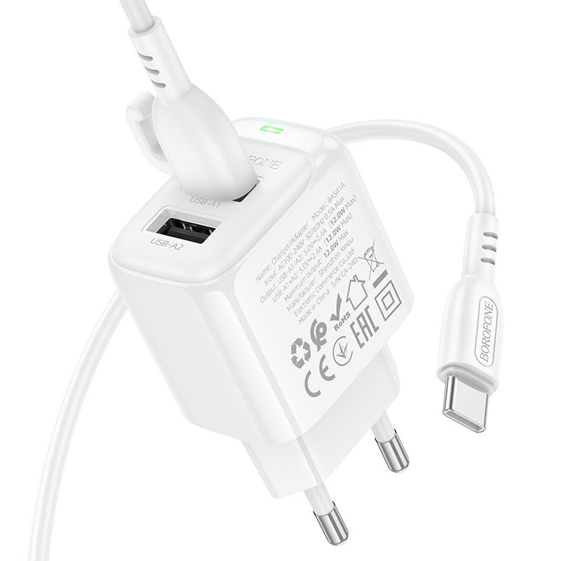 Мережевий зарядний пристрій BOROFONE BAS41A Potential dual-port charger set(Type-C) White