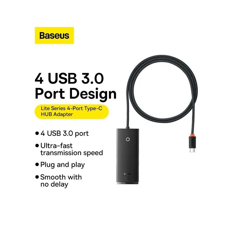 USB-хаб Baseus Lite Series 4-Port Type-C HUB Adapter (Type-C to USB 3.0*4 ) 1m Black