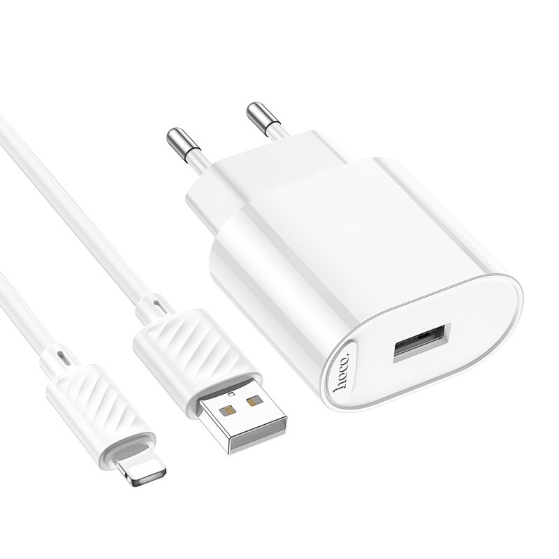 Мережевий зарядний пристрій з кабелем HOCO C109A(10.5W) Fighter single port charger set(iP) White