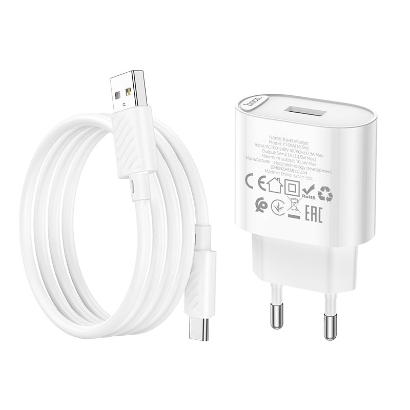 Мережевий зарядний пристрій з кабелем HOCO C109A(10.5W) Fighter single port charger set(Type-C) White