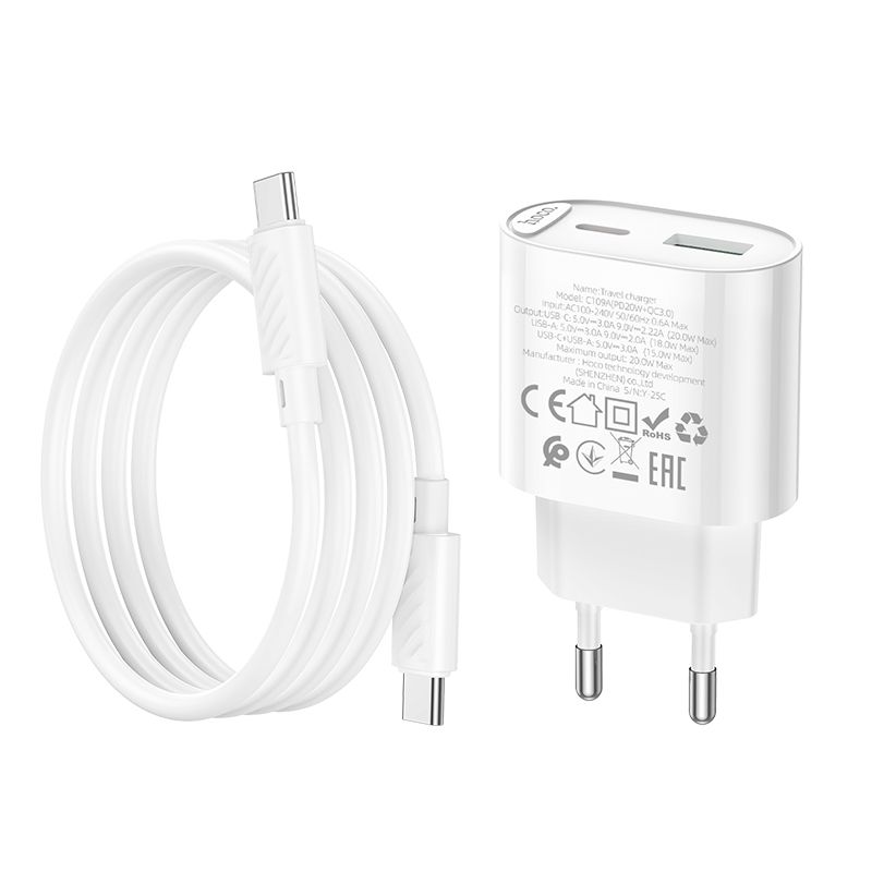 Мережевий зарядний пристрій з кабелем HOCO C109A(PD20W+QC3.0) Fighter PD20W+QC3.0 charger set(C to C) White