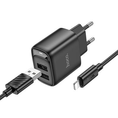 Мережевий зарядний пристрій з кабелем HOCO C141A Smart dual-port charger set(iP) Black