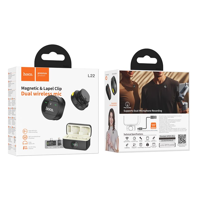 Бездротова мікрофонна система HOCO L22 Bright 2-in-1 wireless microphone with case(iP/Type-C) Black