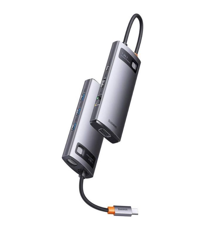 USB-хаб Baseus Metal Gleam Series 7-in-1 Multifunctional Type-C HUB Docking Station Gray （Type-C to HDMI*1+USB3.0*3+PD*1+VGA*1+RJ45*1）