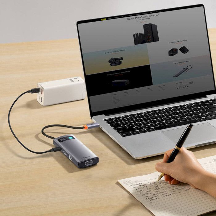 USB-хаб Baseus Metal Gleam Series 7-in-1 Multifunctional Type-C HUB Docking Station Gray （Type-C to HDMI*1+USB3.0*3+PD*1+VGA*1+RJ45*1）