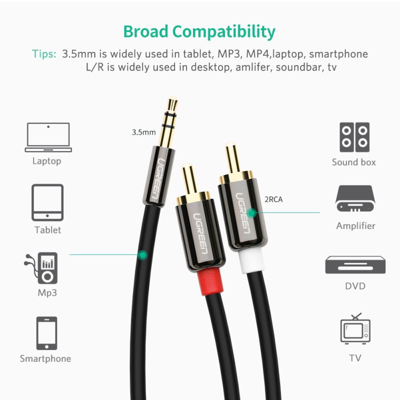Аудіокабель UGREEN AV116 3.5mm Male to 2RCA Male Cable 2m Black