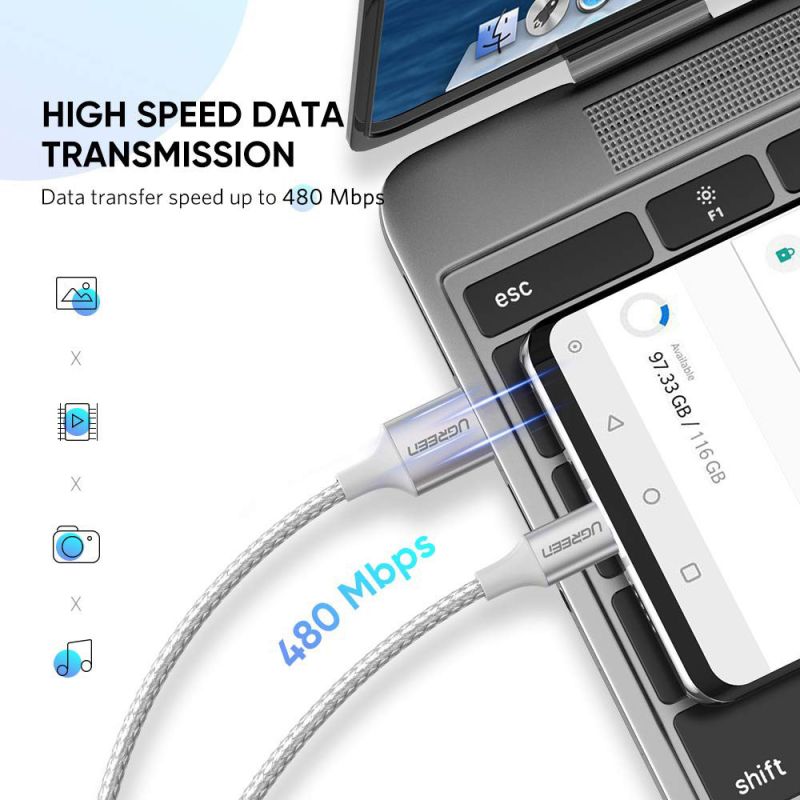 Кабель UGREEN US288 USB-A 2.0 to USB-C Cable Nickel Plating Aluminum Braid 1m (White)