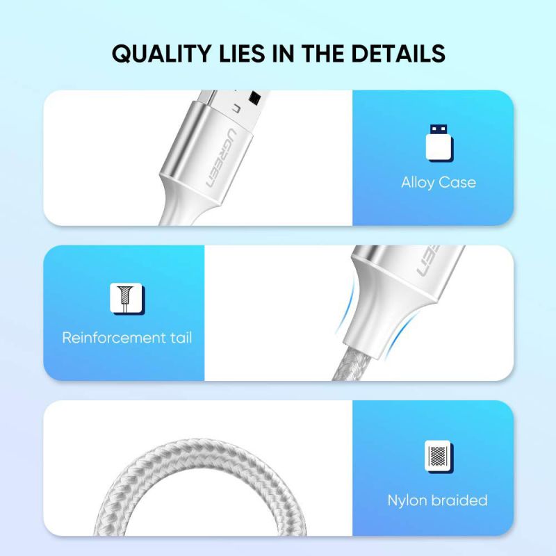 Кабель UGREEN US288 USB-A 2.0 to USB-C Cable Nickel Plating Aluminum Braid 1m (White)