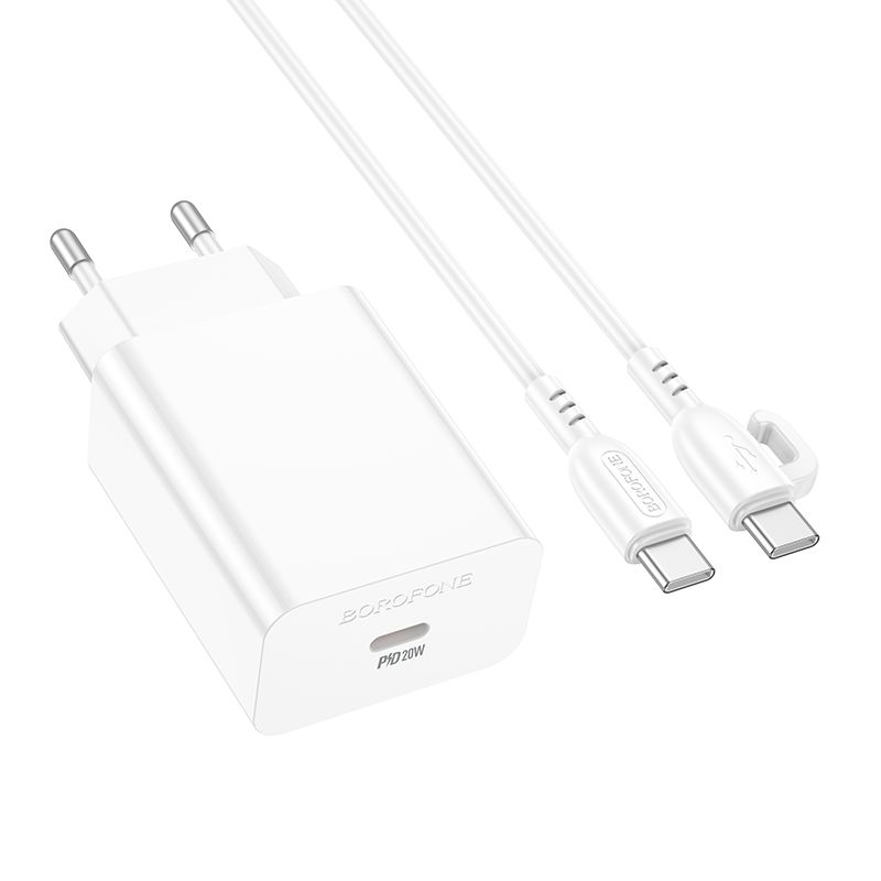 Мережевий зарядний пристрій з кабелем BOROFONE BA21A Pro Long journey single port PD20W charger set(C to C) White