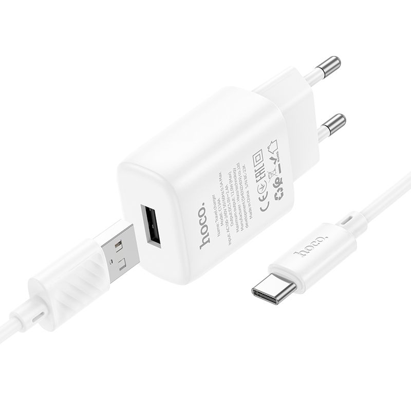 Мережевий зарядний пристрій з кабелем HOCO C134A Solid single-port charger set(Type-C) White