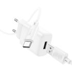 Мережевий зарядний пристрій з кабелем HOCO C134A Solid single-port charger set(Type-C) White
