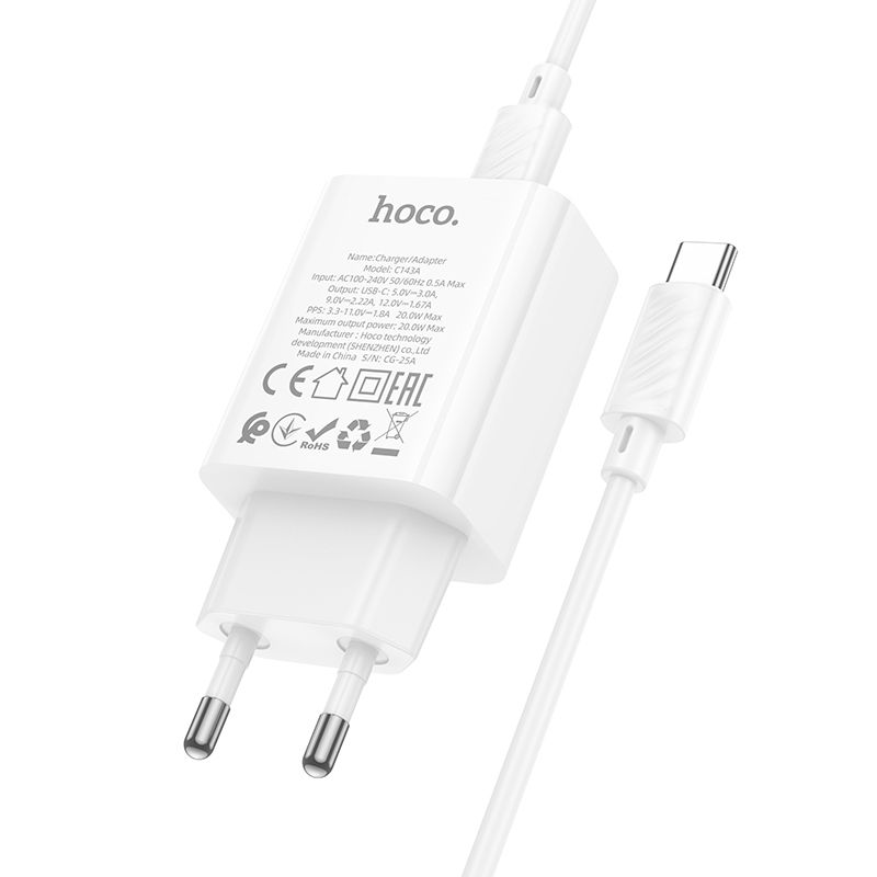 Мережевий зарядний пристрій з кабелем HOCO C143A Benefit single port PD20W charger set(C to C) White