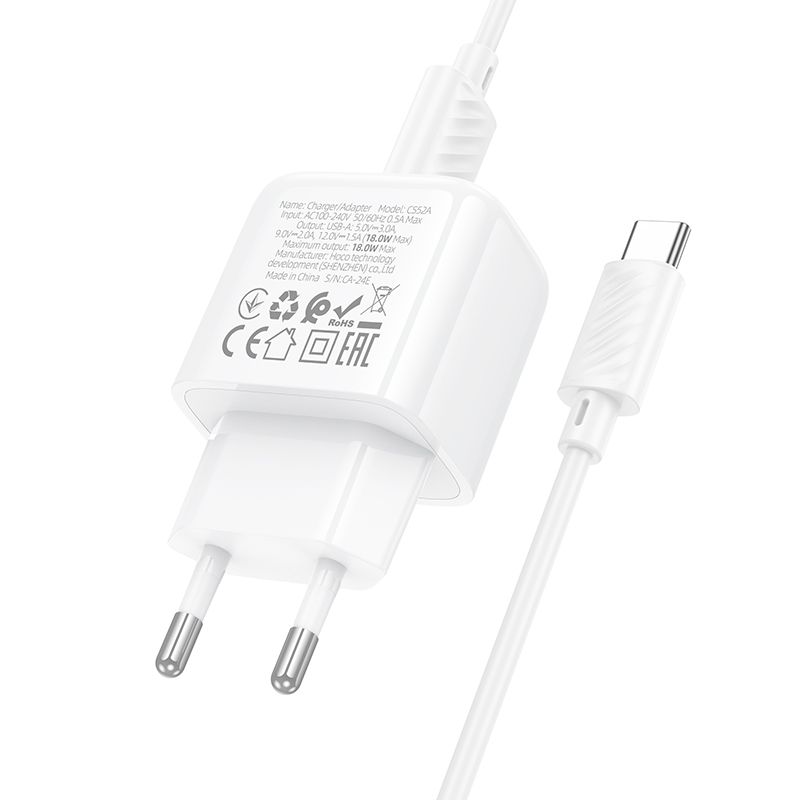Мережевий зарядний пристрій з кабелем HOCO CS52A Surplus single-port QC3.0 charger set(Type-C) White