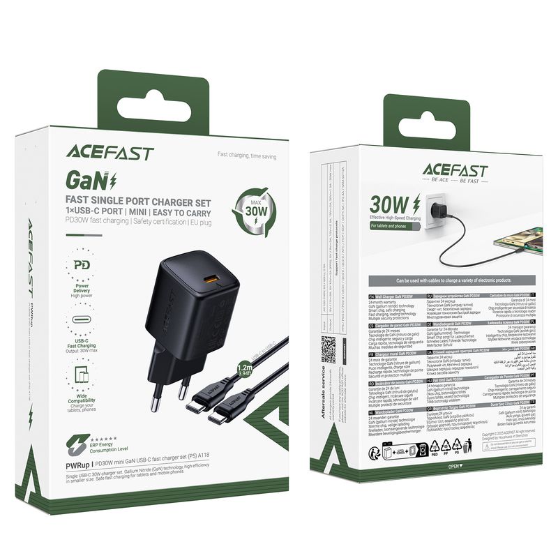 Мережевий зарядний пристрій ACEFAST A118 PD30W mini GaN USB-C fast charger Black