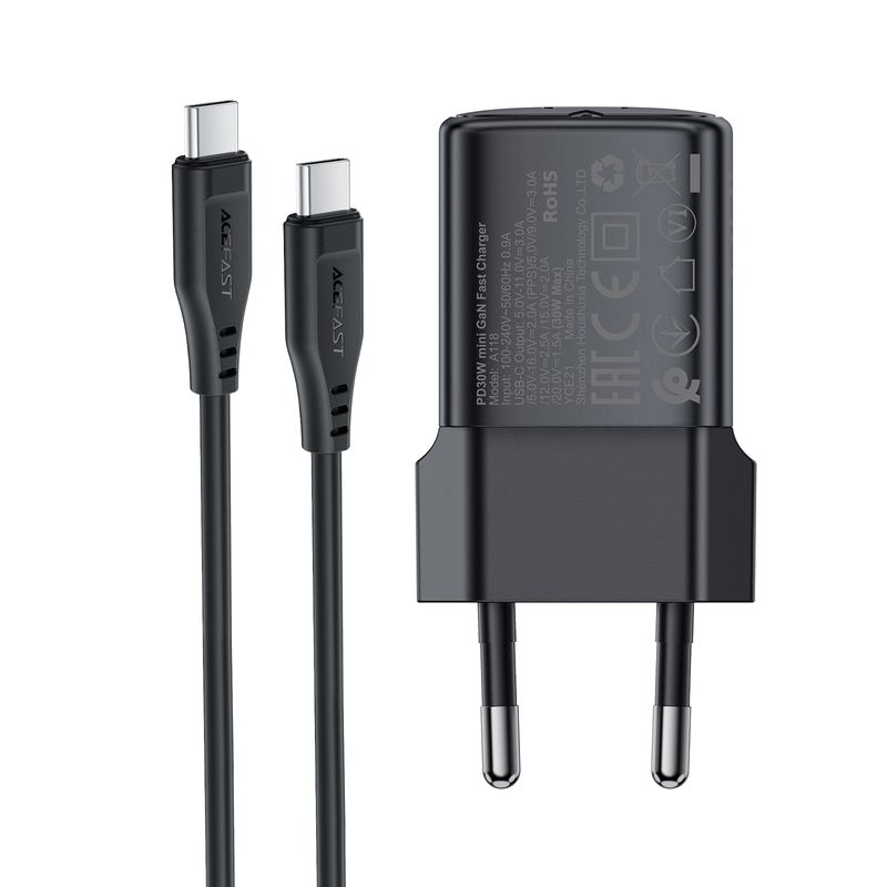 Мережевий зарядний пристрій ACEFAST A118 PD30W mini GaN USB-C fast charger Black