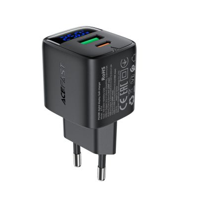 Мережевий зарядний пристрій ACEFAST A114 PD25W GaN charger (USB-A+USB-C) with digital display Black
