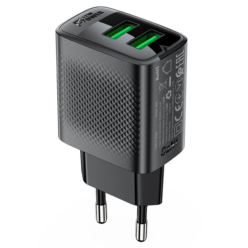 Мережевий зарядний пристрій ACEFAST A86 12W (USB-A+USB-A) dual port charger  Black