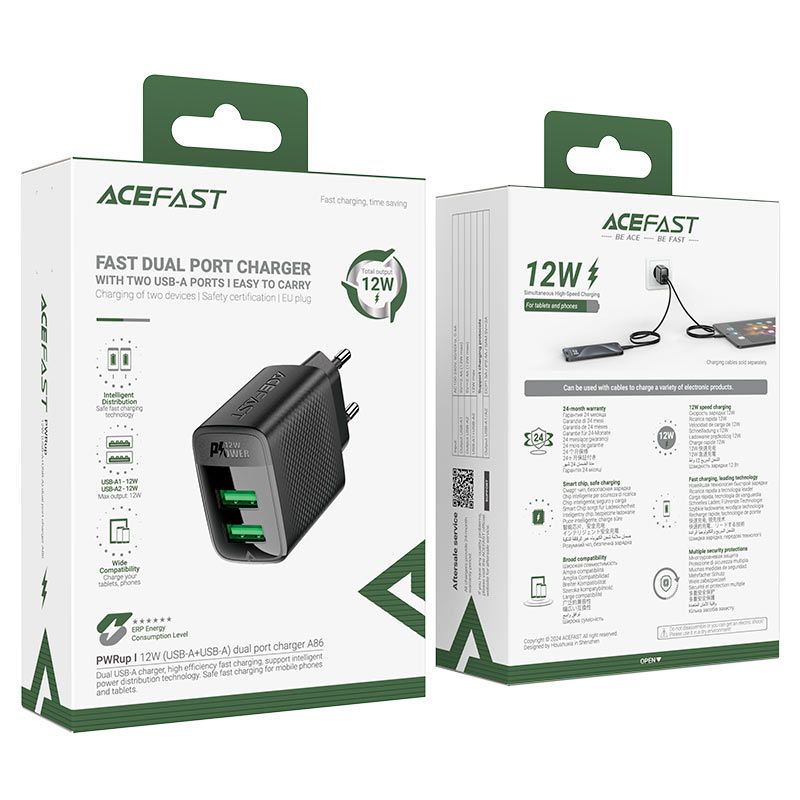 Мережевий зарядний пристрій ACEFAST A86 12W (USB-A+USB-A) dual port charger  Black