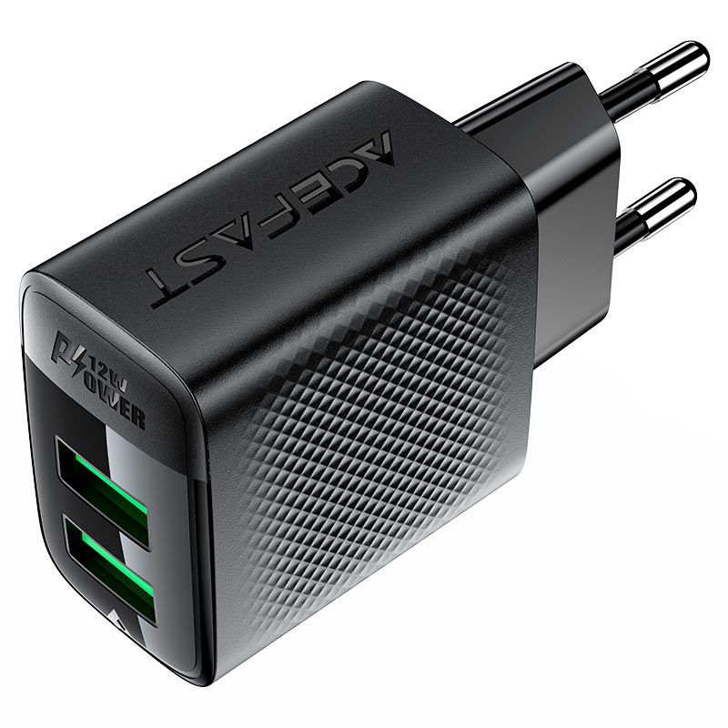 Мережевий зарядний пристрій ACEFAST A86 12W (USB-A+USB-A) dual port charger  Black