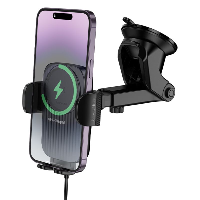 Автотримач для телефона з БЗП BOROFONE BH222 Leading push-type wireless fast charging car holder(center console) Black