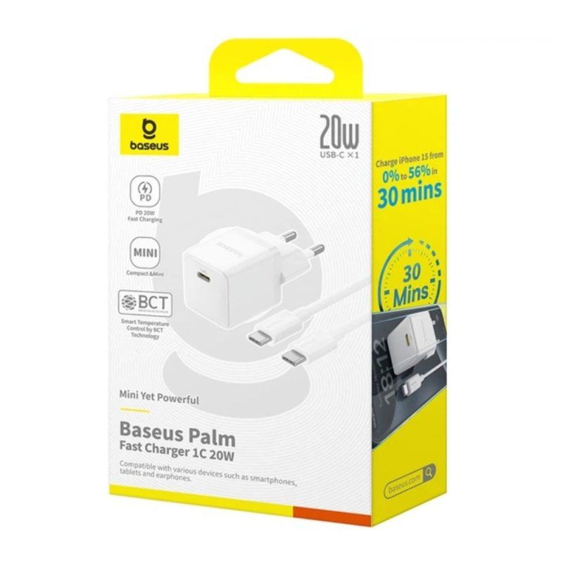 Мережевий зарядний пристрій з кабелем Baseus Palm Fast Charger 1C 20W EU Moon White set USB-C to iP 20W 1m