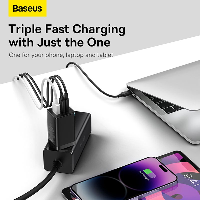 Мережевий зарядний пристрій з кабелем Baseus GaN5 Pro Fast Charger 2C+U 65W  EU  Black(Baseus Xiaobai charging Cable Type-C  to Type-C 100W)