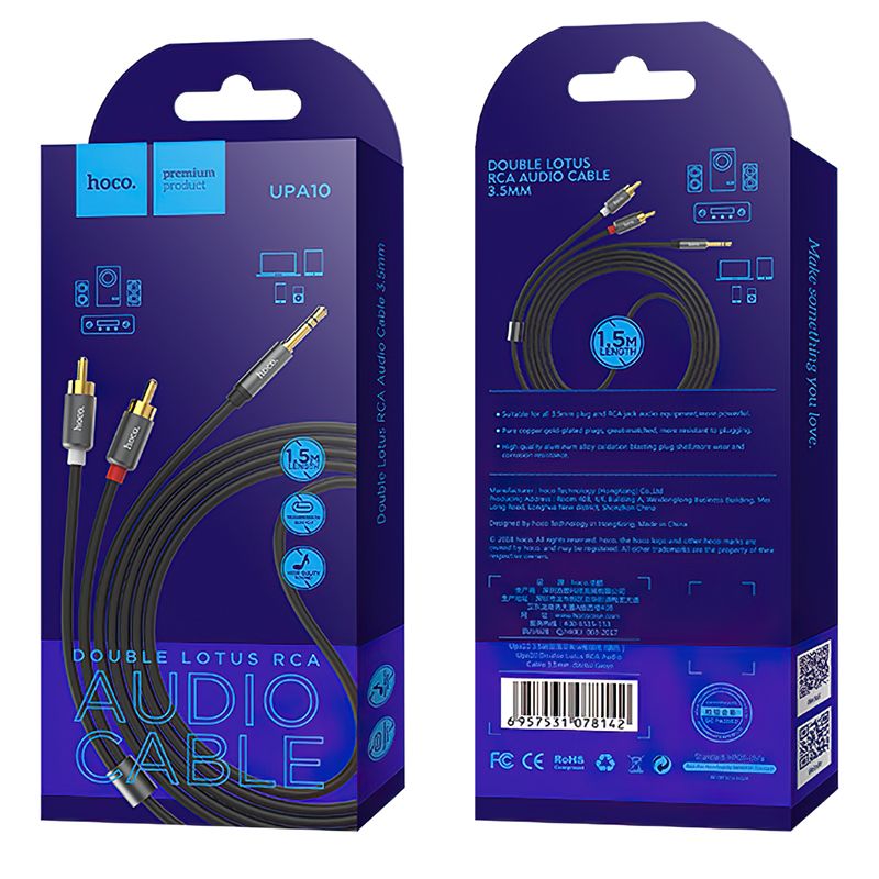 Аудіокабель HOCO UPA10 3.5mm male to double lotus RCA, TPE, 1.5m, Metal Gray