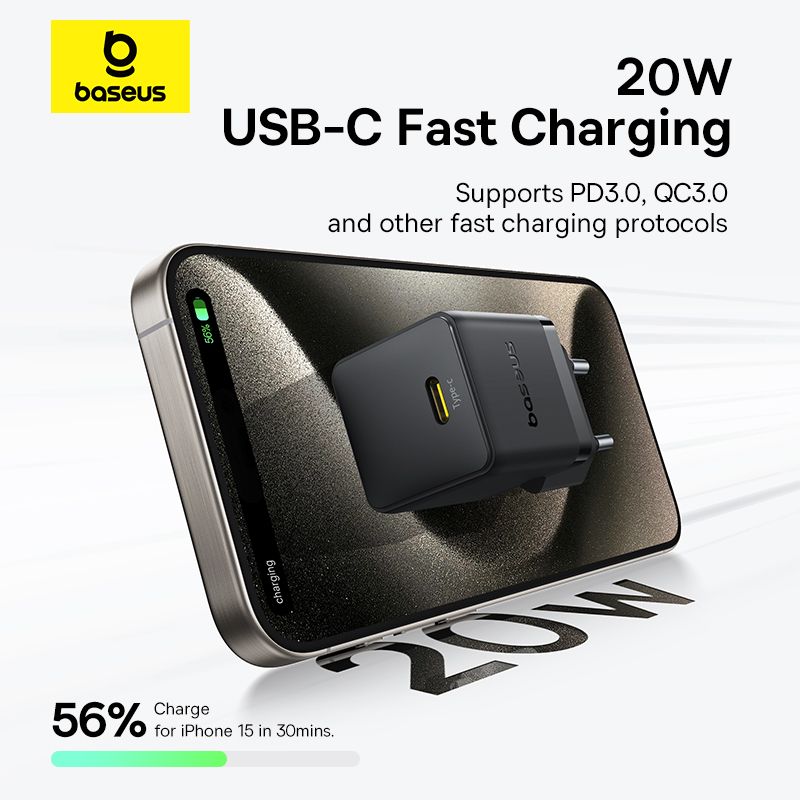 Мережевий зарядний пристрій з кабелем Baseus Palm Fast Charger 1C 20W EU Cosmic Black  set USB-C to iP 20W 1m