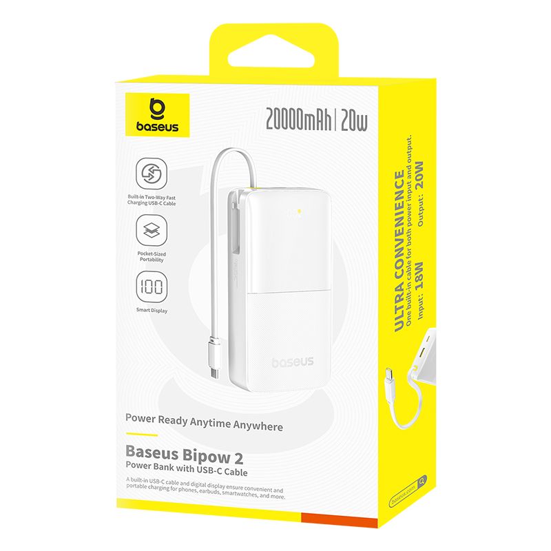 Зовнішній акумулятор Baseus Bipow 2 Digital Display Power Bank With Built-in USB-C Cable 20000mah 20W Moon White