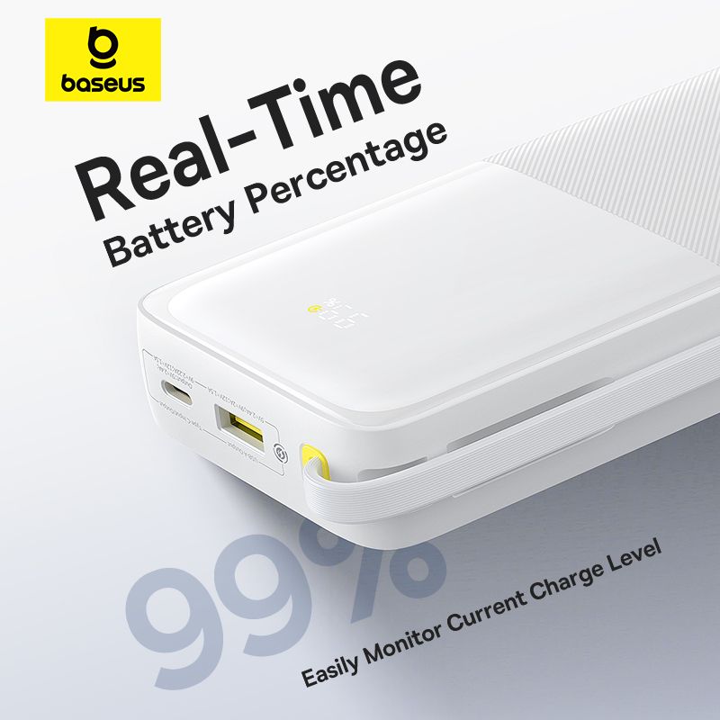 Зовнішній акумулятор Baseus Bipow 2 Digital Display Power Bank With Built-in USB-C Cable 20000mah 20W Moon White