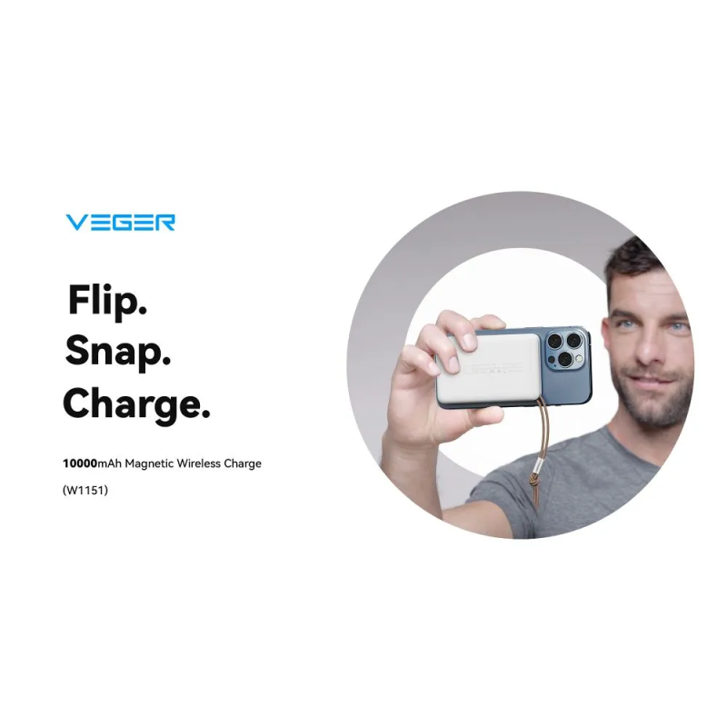 Зовнішній акумулятор VEGER 10000 mAh with wireless charging compatible with MagSafe PD QC3.0 2A 20W MagOn (VP1151 / W1151) white